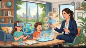 Современная иллюстрация процесса обучения детей английскому языку дома с профессиональной англоязычной гувернанткой