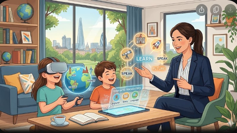 Современная иллюстрация процесса обучения детей английскому языку дома с профессиональной англоязычной гувернанткой